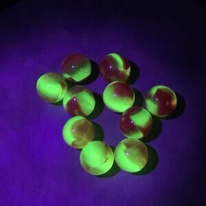 Red Swirl Vaseline Glass Uranium Glass Marbles UV Glow, 5/8” 15mm Lot Of 10.